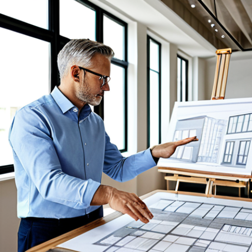 Home 22 A professional interior architect, an adult individual, in appropriate business casual attire, standing confidently in a bright, modern interior design studio. They are holding architectural blueprints in one hand, while gesturing towards a selection of high-quality material samples on a large wooden table. Natural light streams through large windows, illuminating the meticulously organized workspace. The architect has a focused and thoughtful expression, demonstrating expertise and an eye for detail. The setting emphasizes a blend of creative vision and practical application. safe for work, appropriate content, fully clothed, professional, modest clothing, perfect anatomy, correct proportions, natural pose, well-formed hands, proper finger count, natural body proportions, professional photography, high quality.