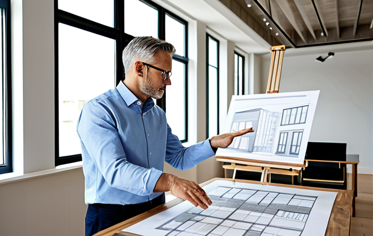 A professional interior architect, an adult individual, in appropriate business casual attire, standing confidently in a bright, modern interior design studio. They are holding architectural blueprints in one hand, while gesturing towards a selection of high-quality material samples on a large wooden table. Natural light streams through large windows, illuminating the meticulously organized workspace. The architect has a focused and thoughtful expression, demonstrating expertise and an eye for detail. The setting emphasizes a blend of creative vision and practical application. safe for work, appropriate content, fully clothed, professional, modest clothing, perfect anatomy, correct proportions, natural pose, well-formed hands, proper finger count, natural body proportions, professional photography, high quality.