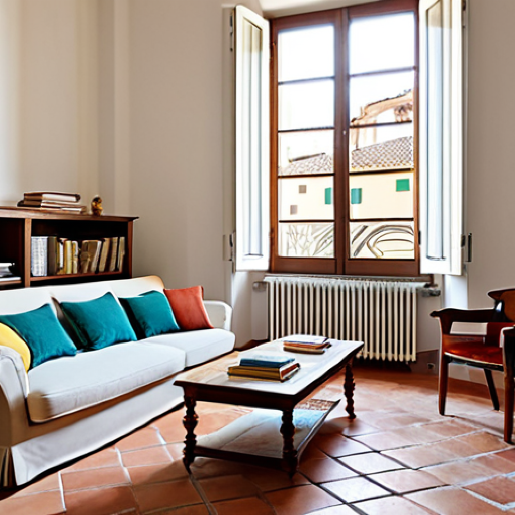 Cozy Italian Apartment Living Room**

A bright and airy living room in an apartment in Florence, Italy.  Features include terracotta tile floors, a comfortable linen sofa with colorful cushions, a vintage wooden coffee table, and a bookshelf filled with classic Italian literature.  Large windows overlook a charming courtyard.  Sunlight streams in, illuminating the space.  Fully clothed subject reading a book.  Safe for work, appropriate content, fully clothed, modest, family-friendly. Perfect anatomy, correct proportions, natural pose, well-formed hands, proper finger count, natural body proportions, professional photography, high quality.

**