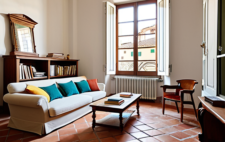 Cozy Italian Apartment Living Room**
A bright and airy living room in an apartment in Florence, Italy. Features include terracotta tile floors, a comfortable linen sofa with colorful cushions, a vintage wooden coffee table, and a bookshelf filled with classic Italian literature. Large windows overlook a charming courtyard. Sunlight streams in, illuminating the space. Fully clothed subject reading a book. Safe for work, appropriate content, fully clothed, modest, family-friendly. Perfect anatomy, correct proportions, natural pose, well-formed hands, proper finger count, natural body proportions, professional photography, high quality.
**