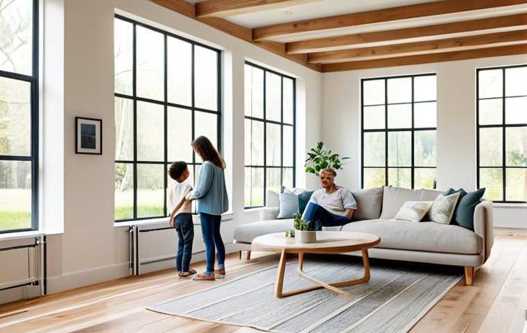 실내건축의 중요 과목과 학습법 - "A bright and airy living room with large windows showcasing natural light, featuring sustainable ma...