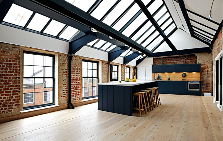 실내건축기사 실기 시험에서 채점 기준 - **Prompt:** A bright and airy loft conversion project, showcasing the transformation of an old wareh...