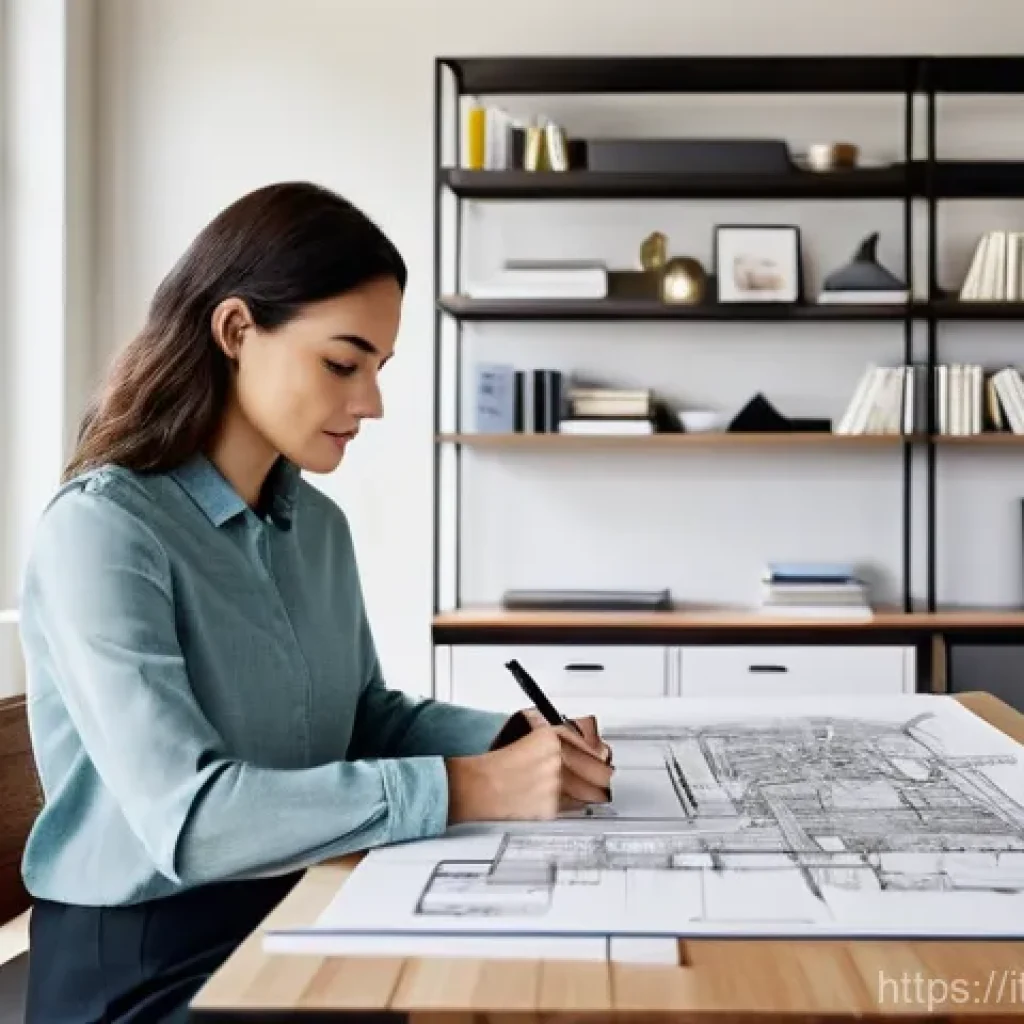 실내건축 실기 시험 준비를 위한 체크리스트 - **Prompt:** A meticulously organized, sunlit interior design studio. A female architect, dressed in ...