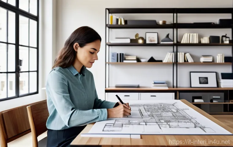 실내건축 실기 시험 준비를 위한 체크리스트 - **Prompt:** A meticulously organized, sunlit interior design studio. A female architect, dressed in ...