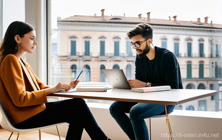 실내건축 시험 준비를 위한 온라인 커뮤니티 - **Prompt 1: Collaborative Interior Design Study Group in Italy**
    "A diverse group of three young...