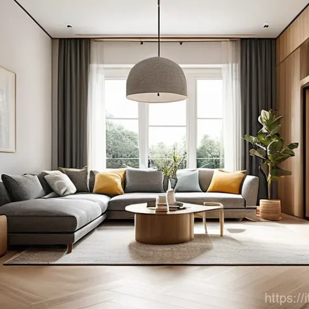 실내건축 실기 시험에서 평가되는 주요 항목 - **Prompt:** A serene, modern living room interior emphasizing conceptual coherence and optimal funct...