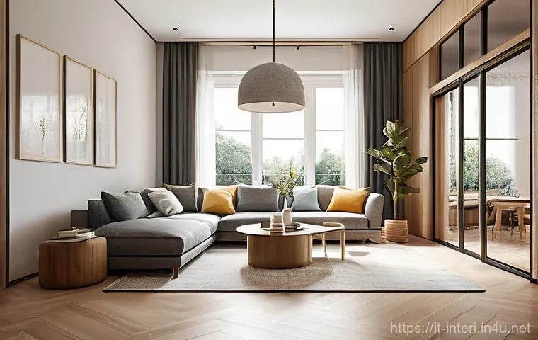 실내건축 실기 시험에서 평가되는 주요 항목 - **Prompt:** A serene, modern living room interior emphasizing conceptual coherence and optimal funct...