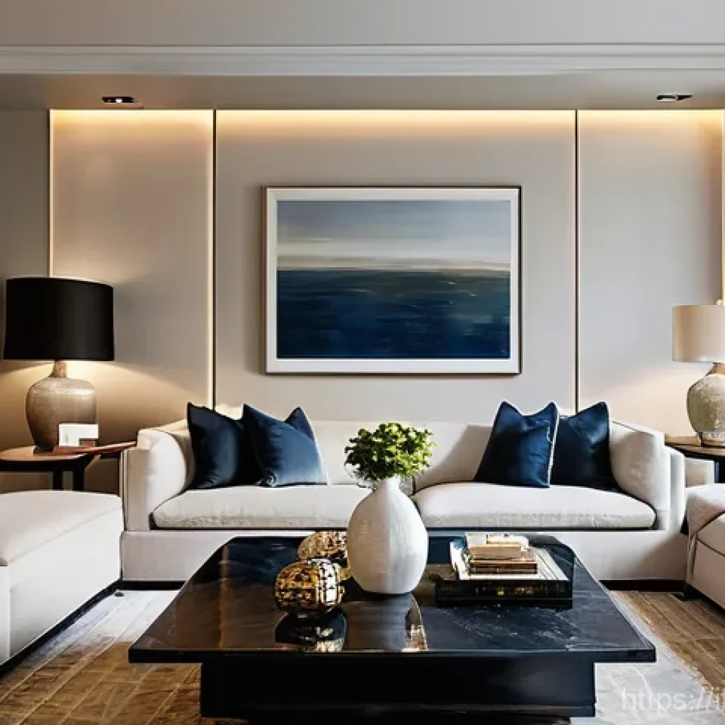 실내건축 이론에서 자주 언급되는 개념 - **"Harmonious Living Room with Stratified Lighting"**
A contemporary living room bathed in abund...