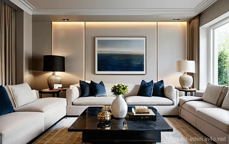 실내건축 이론에서 자주 언급되는 개념 - **"Harmonious Living Room with Stratified Lighting"**
    A contemporary living room bathed in abund...
