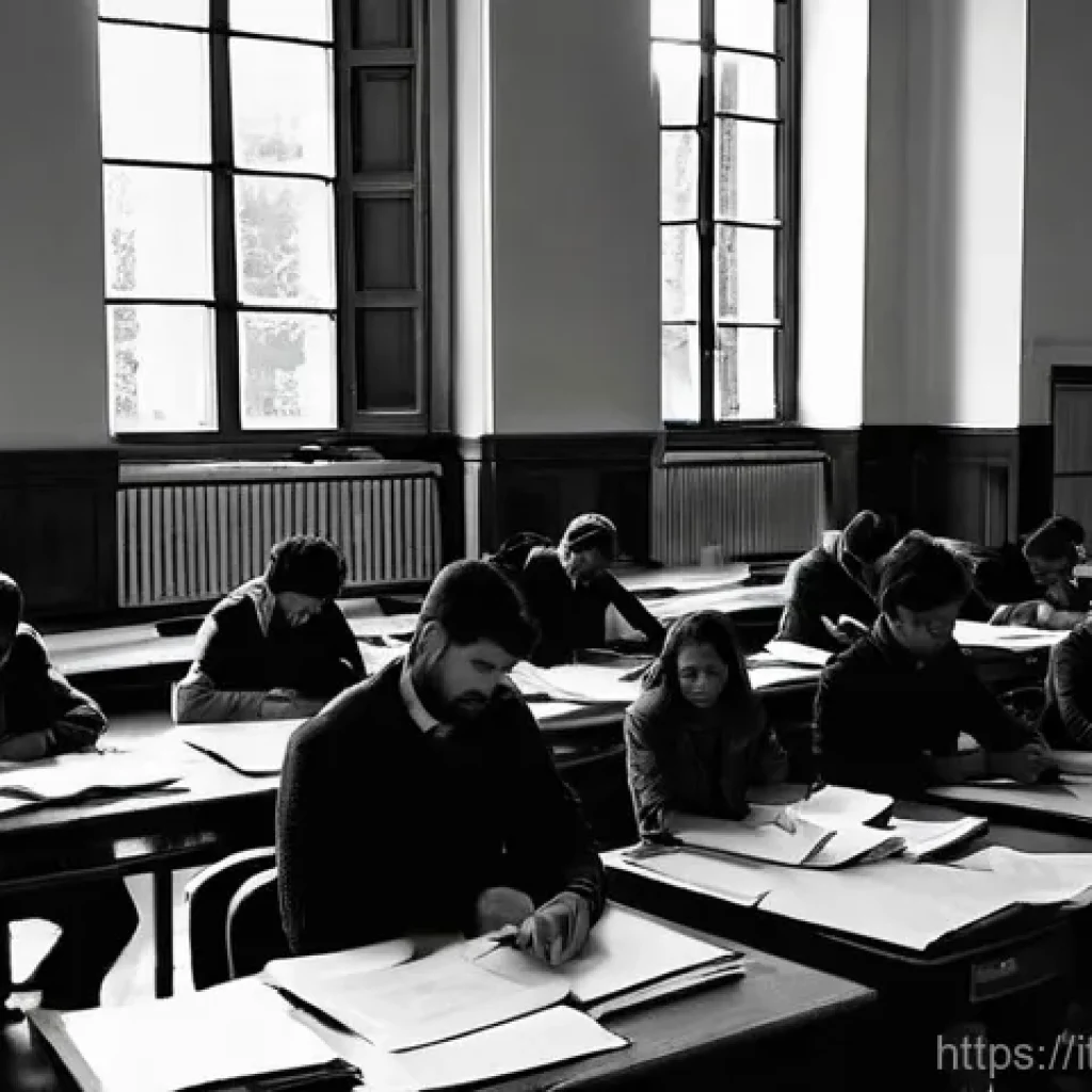 실내건축기사 시험의 시험장 분위기 - **"The Adrenaline of the Big Day"**
A wide-angle, cinematic photograph captures a bustling exam ...