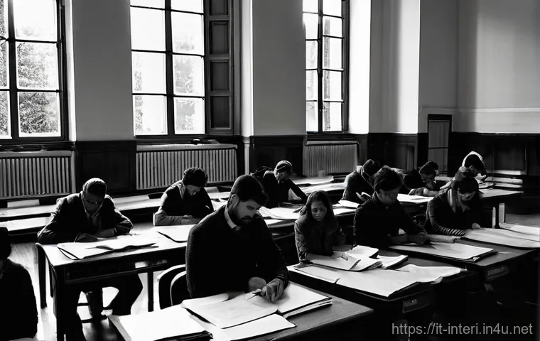 실내건축기사 시험의 시험장 분위기 - **"The Adrenaline of the Big Day"**
    A wide-angle, cinematic photograph captures a bustling exam ...