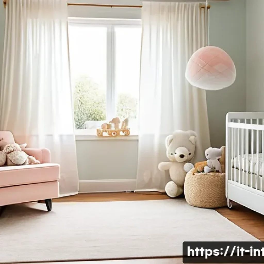 실내건축 이론과 실무의 차이 - **A brightly lit, modern nursery designed in a minimalist style.** Soft, pastel colors dominate the ...