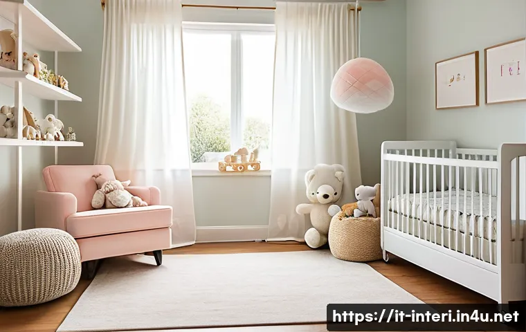 실내건축 이론과 실무의 차이 - **A brightly lit, modern nursery designed in a minimalist style.** Soft, pastel colors dominate the ...