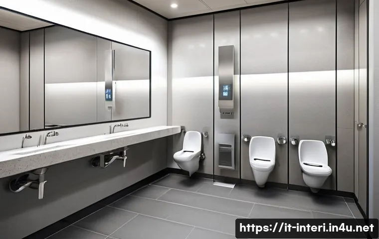 실내건축 실기에서 자주 나오는 문제 - **Prompt: Inclusive Public Restroom Design**
"A photorealistic interior rendering of a meticulou...
