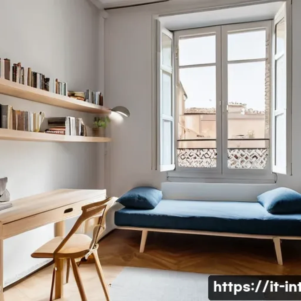 실내건축 시공 사례 리뷰 - **A charming, compact studio apartment in Trastevere, Rome.** The room is bathed in soft, diffused n...