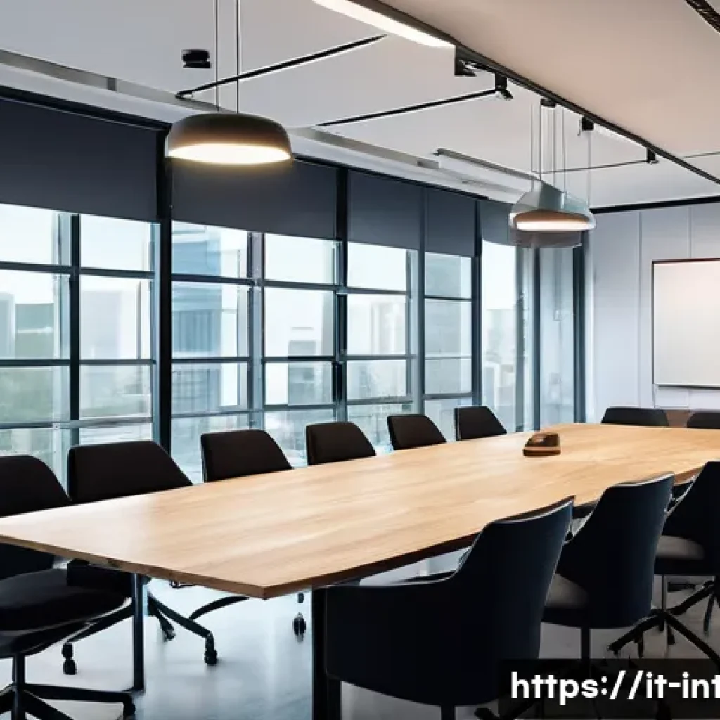 실내건축 실무에서의 협업 스킬 - A professional interior design team engaged in a collaborative meeting around a large table in a mod...