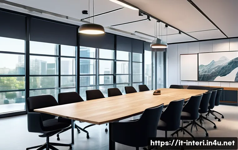 실내건축 실무에서의 협업 스킬 - A professional interior design team engaged in a collaborative meeting around a large table in a mod...
