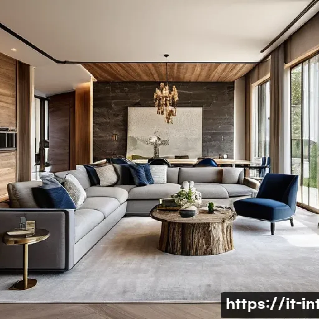 실내건축 자격증 소지자 채용 기업 - A luxurious residential interior showcasing a modern villa living room with high-end furnishings, ec...