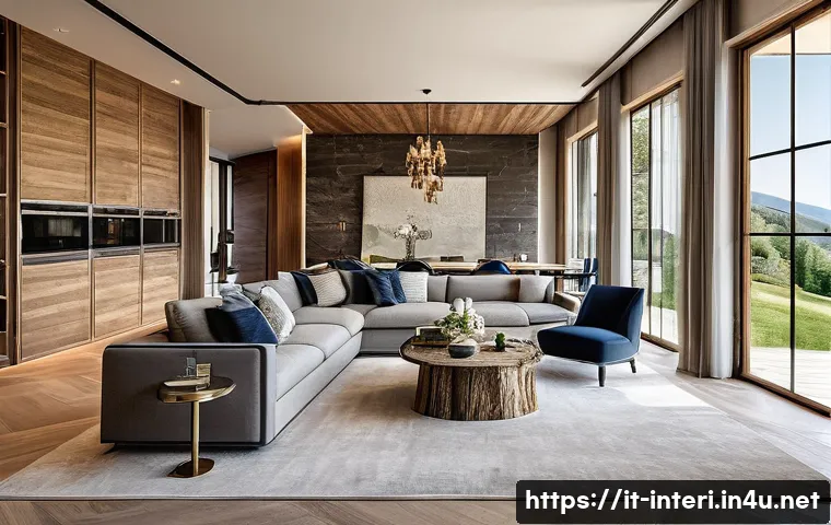 실내건축 자격증 소지자 채용 기업 - A luxurious residential interior showcasing a modern villa living room with high-end furnishings, ec...