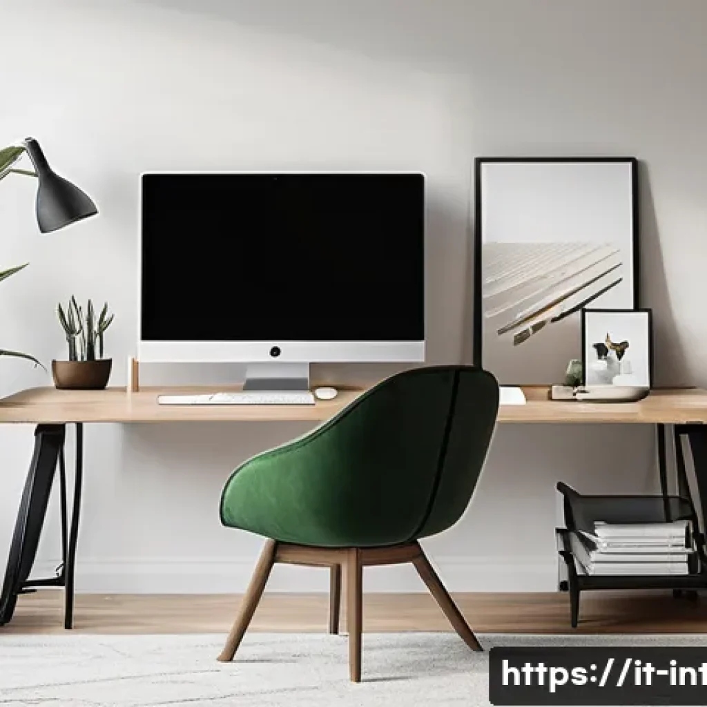 실내건축 경력직 이직 준비 방법 - A modern interior design portfolio presentation scene showcasing a sleek, minimalist workspace with ...