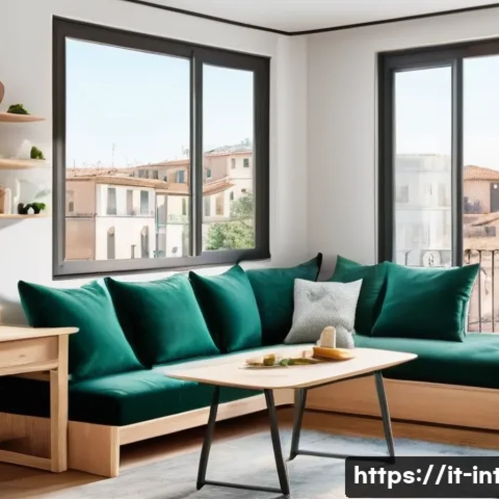 실내건축 실무 필수 지식 - A modern compact living room featuring multifunctional furniture: a light wood sofa bed with durable...