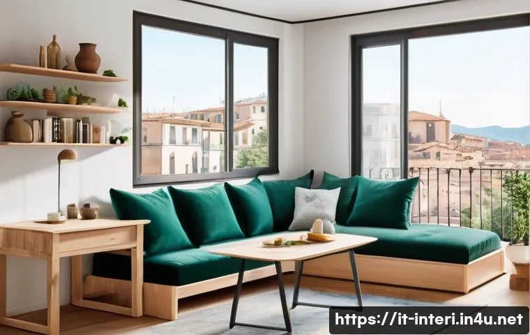 실내건축 실무 필수 지식 - A modern compact living room featuring multifunctional furniture: a light wood sofa bed with durable...