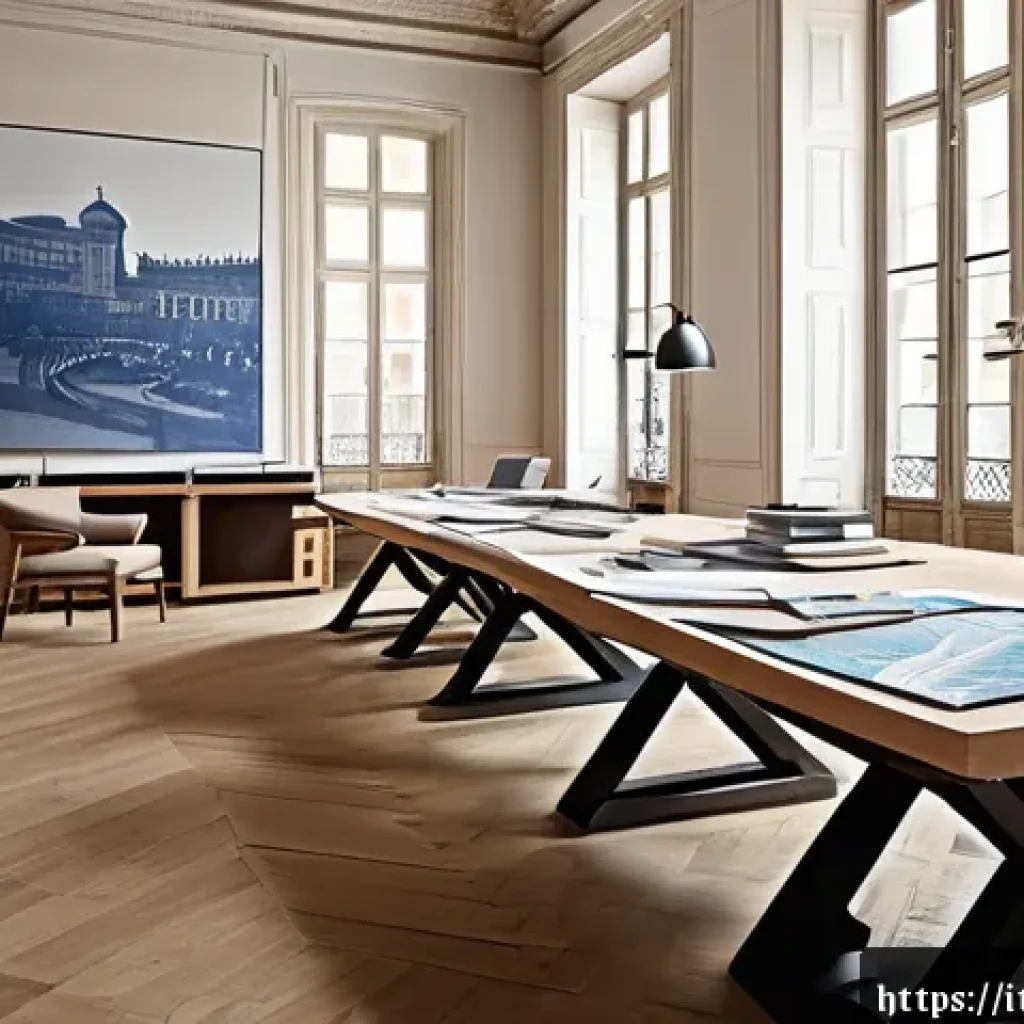 실내건축 자격증 시험 과목 분석 - A sophisticated interior design studio workspace in Milan, Italy, featuring a large wooden drafting ...