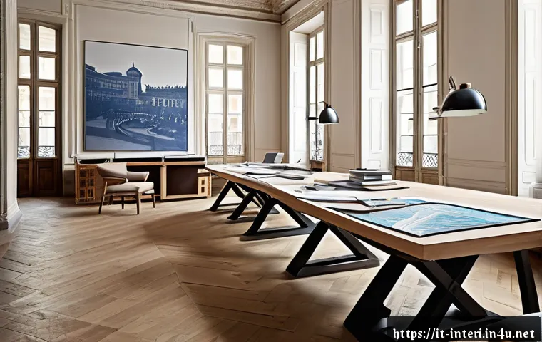 실내건축 자격증 시험 과목 분석 - A sophisticated interior design studio workspace in Milan, Italy, featuring a large wooden drafting ...