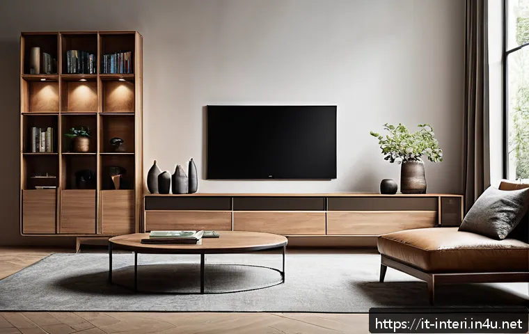 실내건축 실기에서 자주 나오는 오류 - A modern, stylish living room interior balancing aesthetics and functionality, featuring a sleek wal...