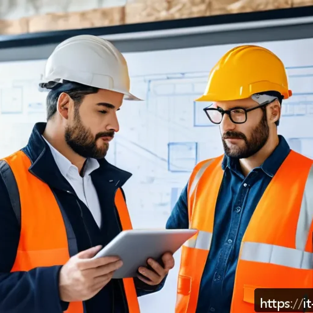 실내건축 업무일지 작성법 - A detailed construction site diary scene showing an architect and site manager reviewing blueprints ...