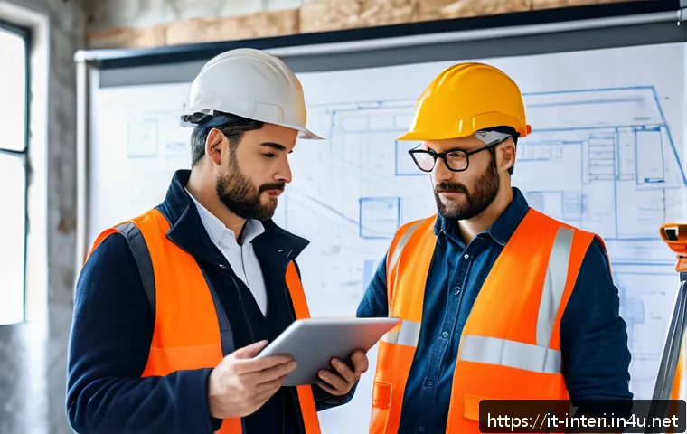 실내건축 업무일지 작성법 - A detailed construction site diary scene showing an architect and site manager reviewing blueprints ...