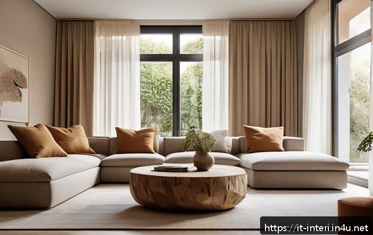 실내건축 초보자를 위한 이론 학습법 - A cozy, modern living room interior showcasing the use of natural materials such as solid wood furni...