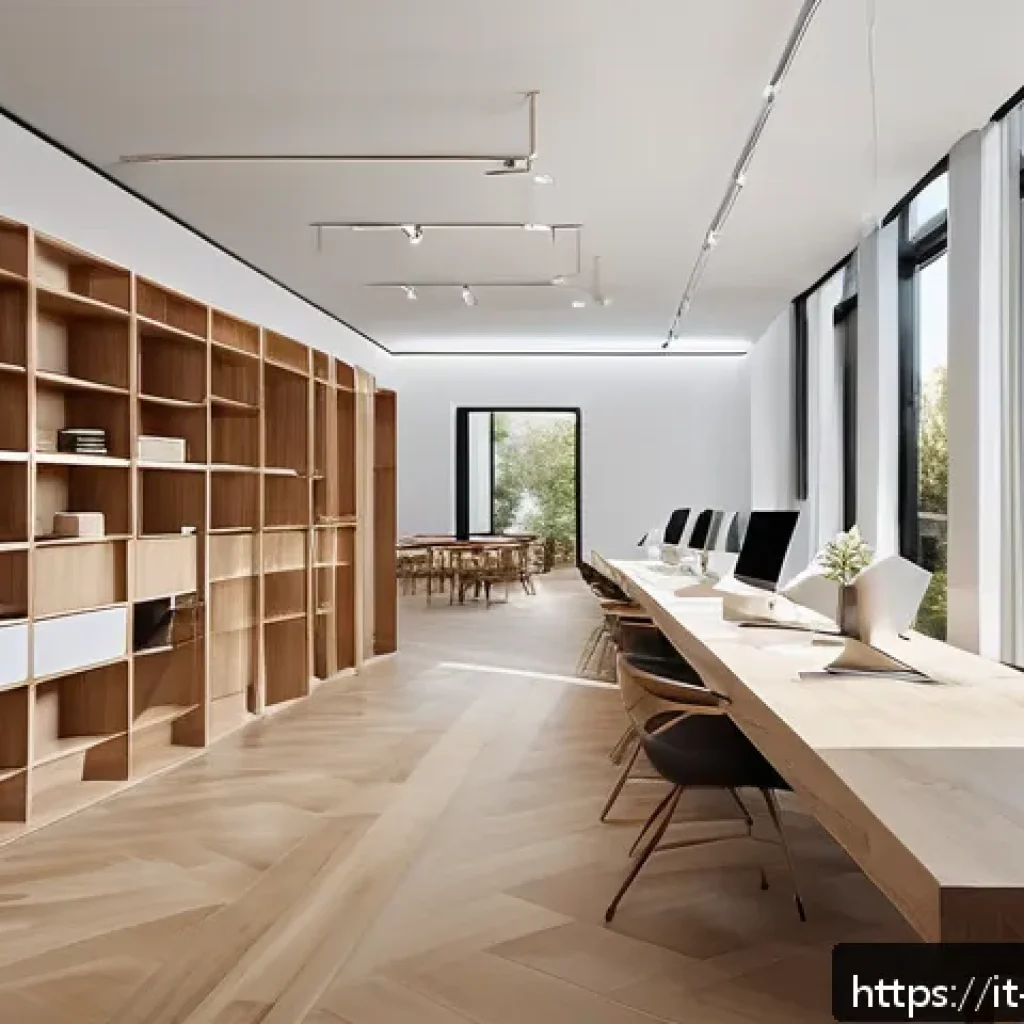 실내건축 실기 시험에서의 주요 평가 기준 - A modern interior design studio space flooded with natural light, featuring large windows showing th...
