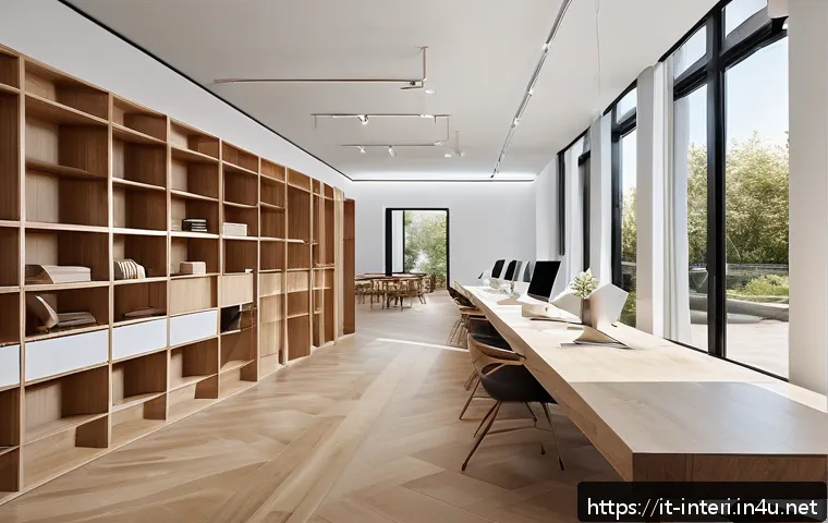 실내건축 실기 시험에서의 주요 평가 기준 - A modern interior design studio space flooded with natural light, featuring large windows showing th...