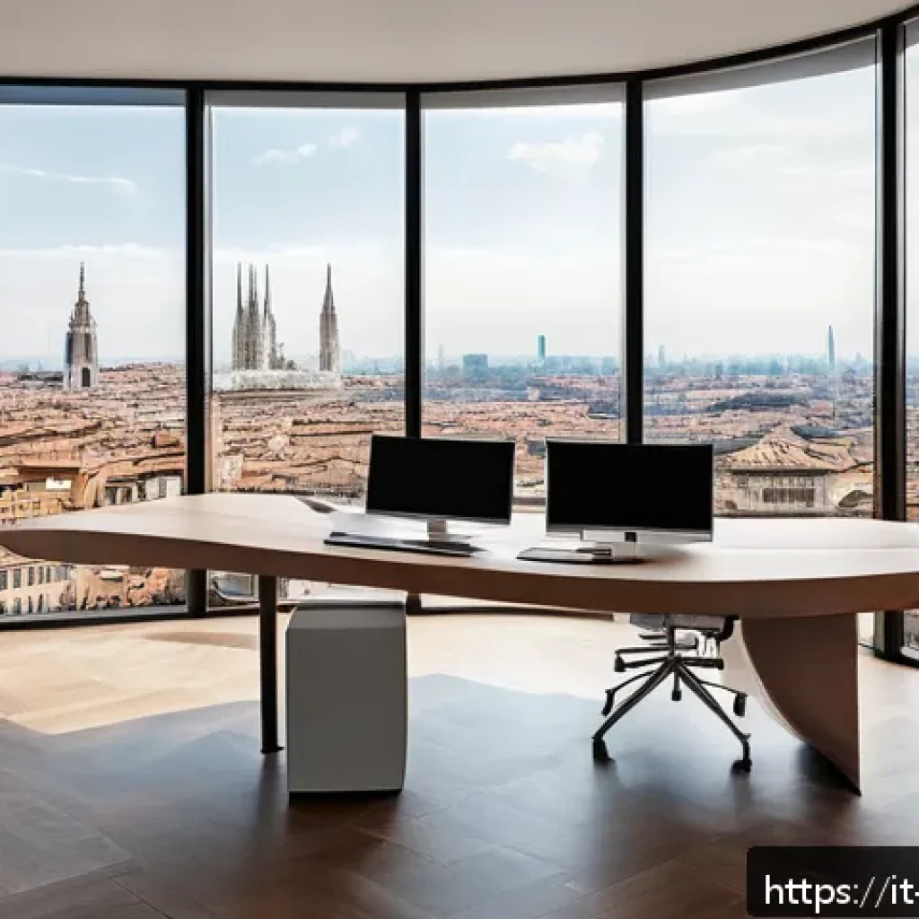 실내건축 자격증 취득의 장점 - A modern interior design professional workspace in Milan, featuring a sleek desk with dual monitors ...