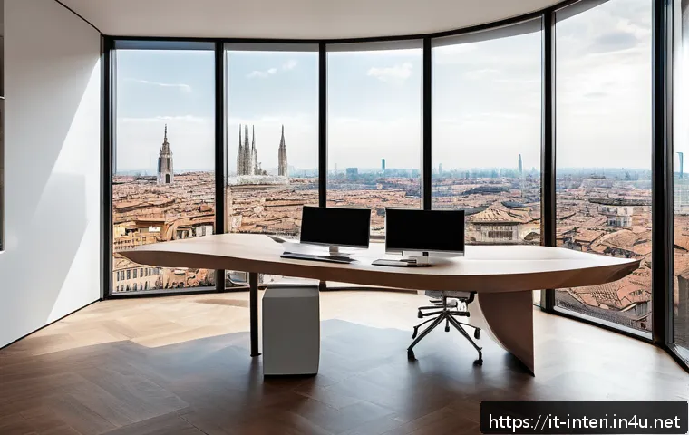 실내건축 자격증 취득의 장점 - A modern interior design professional workspace in Milan, featuring a sleek desk with dual monitors ...