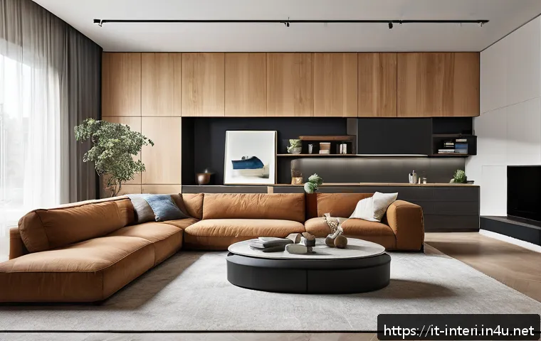 실내건축과 건축 공학의 융합 - A modern sustainable living room interior showcasing the seamless integration of aesthetic design an...