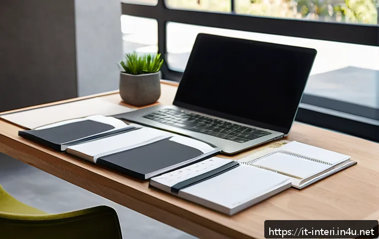 실내건축기사 필기 과목별 공부법 - A detailed interior design studio scene showing a modern workspace with neatly organized materials s...