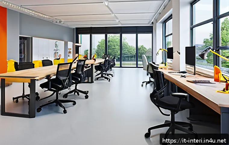 실내건축 실습 중 발생할 수 있는 사고 예방 - A well-organized interior design workshop scene focused on safety and ergonomics: a spacious studio ...