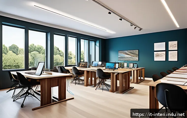실내건축 전문가가 되기 위한 연수 과정 - A modern interior design classroom scene in Italy, featuring students attentively working on AutoCAD...