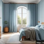 Home 21 실내건축의 색채 계획과 심리학 - A serene bedroom interior painted in soothing light blue tones, featuring natural wooden furniture a...