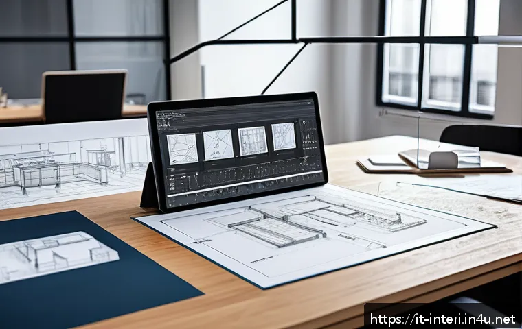 실내건축 실무에서 도면 오류 해결법 - A detailed architectural drafting workspace showing a professional interior designer&rsquo;s desk with mul...