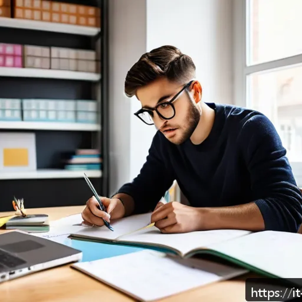 실내건축 실기 시험 준비를 위한 추천 강좌 - A focused young adult Italian interior design student sitting at a modern desk in a bright, cozy stu...