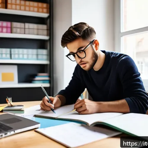 Home 31 실내건축 실기 시험 준비를 위한 추천 강좌 - A focused young adult Italian interior design student sitting at a modern desk in a bright, cozy stu...