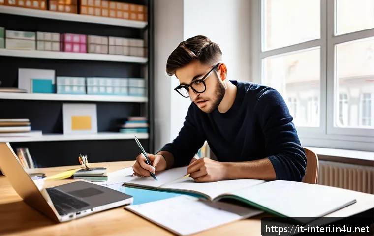 실내건축 실기 시험 준비를 위한 추천 강좌 - A focused young adult Italian interior design student sitting at a modern desk in a bright, cozy stu...