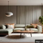Home 18 실내건축 실기 시험에서의 평가 항목 - A modern, eco-friendly living room interior designed for an Italian family with pets, featuring dura...