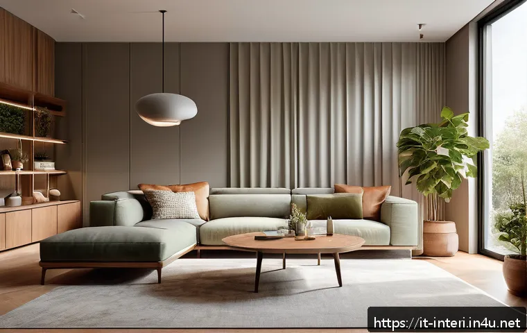 실내건축 실기 시험에서의 평가 항목 - A modern, eco-friendly living room interior designed for an Italian family with pets, featuring dura...