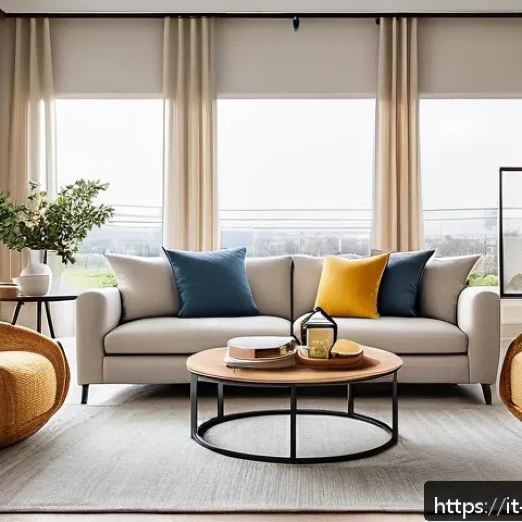 실내건축의 주요 디자인 원칙 - A cozy modern living room featuring a soft, rounded beige sofa paired with a sleek rectangular woode...
