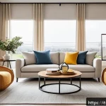 Home 23 실내건축의 주요 디자인 원칙 - A cozy modern living room featuring a soft, rounded beige sofa paired with a sleek rectangular woode...