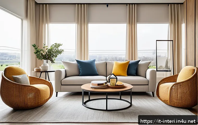 실내건축의 주요 디자인 원칙 - A cozy modern living room featuring a soft, rounded beige sofa paired with a sleek rectangular woode...